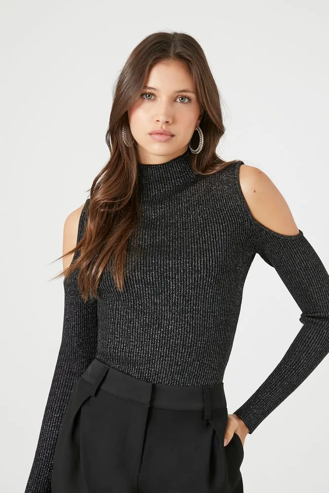 Women's Glitter Sweater-Knit Top in Black, XL