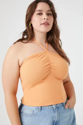 Women's Ribbed Knit Halter Top in Cantaloupe, 0X