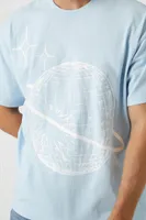 Men Planet Glitter Print Graphic Tee Light Blue