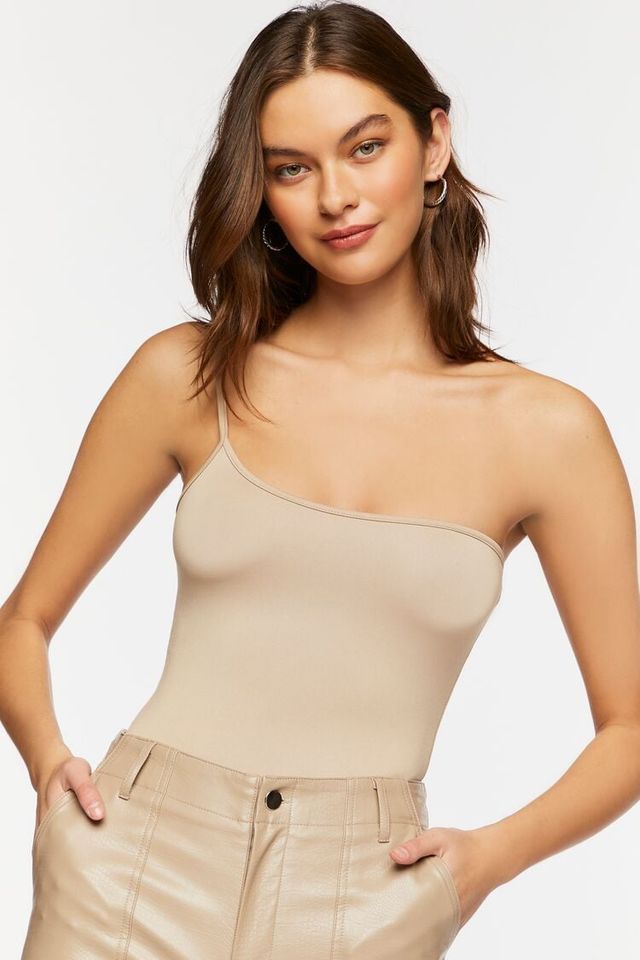 Forever 21 Women's One-Shoulder Cami Bodysuit in Nude, XL