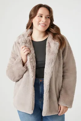 Women's Notched Faux Fur Coat in Taupe, 0X