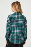 Women's Plaid Flannel Curved-Hem Shirt in Green Large