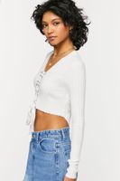 Women's Lace-Up Long-Sleeve Sweater-Knit Crop Top in Vanilla Medium