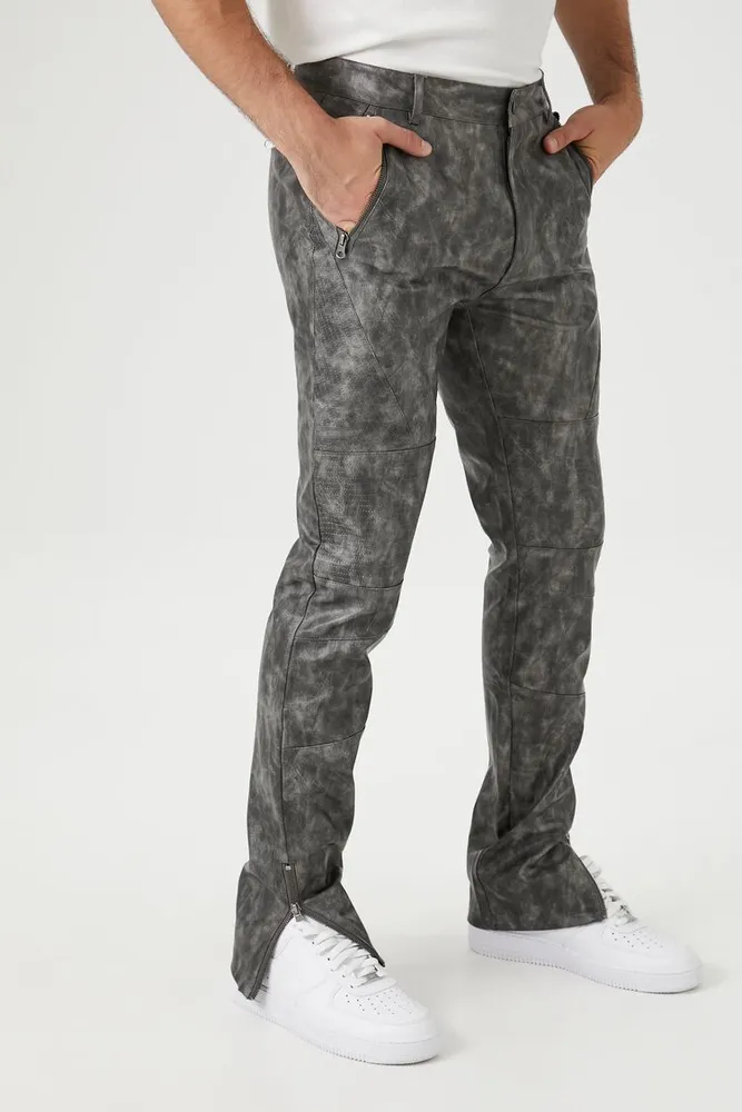 Men Weathered Faux Leather Slim-Fit Pants in Grey, 33