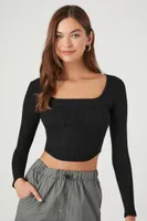 Women's Ribbed Corset Crop Top in Black Small