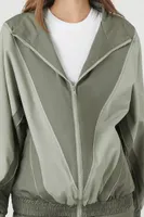 Women's Two-Tone Poplin Bomber Jacket in Dark Olive/Olive Medium