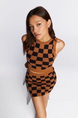 Women's Checkered Sweater-Knit Mini Skirt in Maple/Black Medium