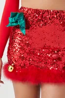 Women's Christmas Bow & Ornament Sequin Mini Skirt in Red Small