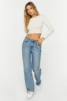 Women's Ribbed Long-Sleeve Crop Top in Cream, XL