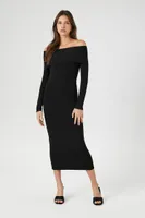 Women's Off-the-Shoulder Foldover Midi Sweater Dress in Black Large