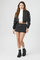 Women's Faux Leather Ruched Bomber Jacket in Black Large