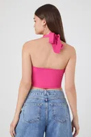 Women's Sweater-Knit Halter Crop Top in Pink Small