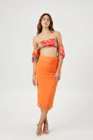 Women's Mesh Ruched Midi Skirt in Orange Medium