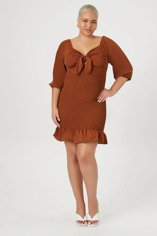 Women's Smocked Ruffle Mini Dress in Brown, 3X