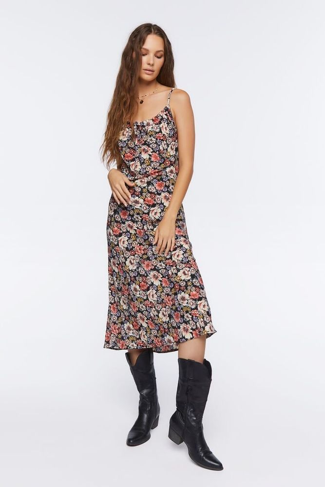 Women's Floral Print Cami Midi Dress in Black Small