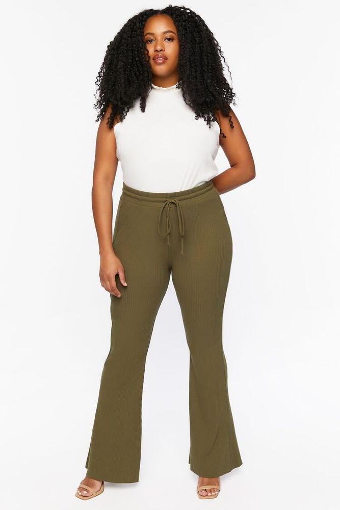 Forever 21 Women's Rib-Knit Flare Pants in Cypress , 0X