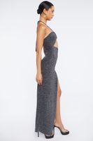 Women's Glitter O-Ring Halter Maxi Dress in Silver Large