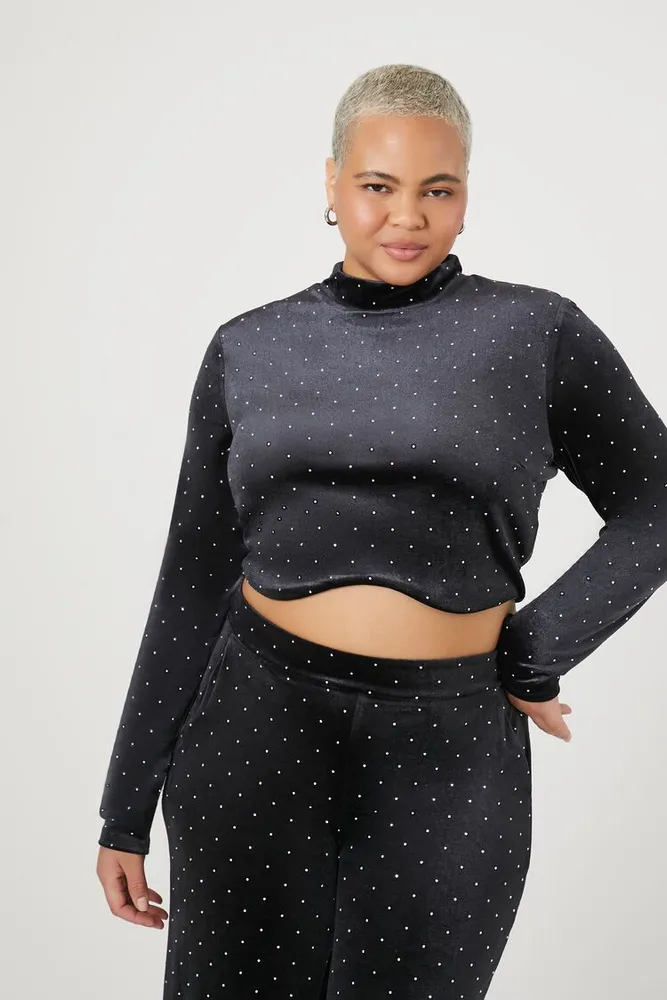 Women's Velvet Rhinestone Crop Top in Black, 2X