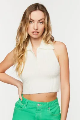 Women's Sleeveless Halter Sweater-Knit Crop Top Cream