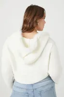 Women's Fuzzy Hooded Button-Up Sweater in Vanilla, 1X