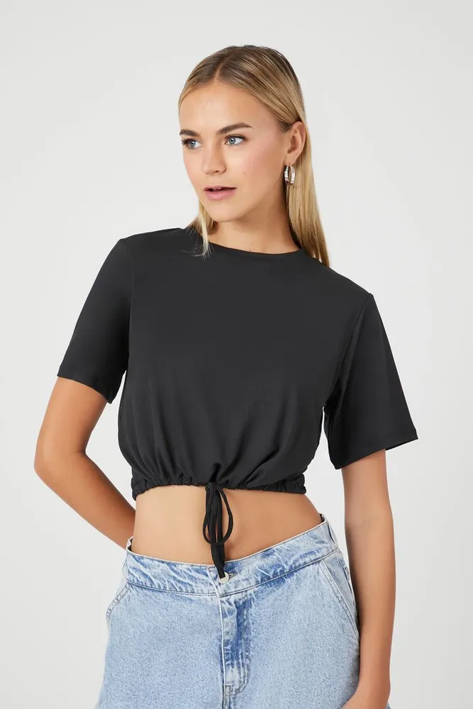 Women's Drawstring Short-Sleeve Crop Top in Black Large