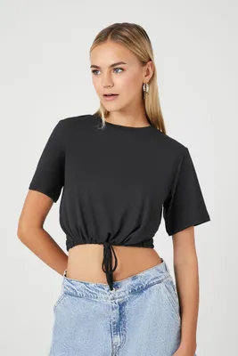 Women's Drawstring Short-Sleeve Crop Top in Black Large