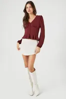 Women's Crepe Peasant-Sleeve Peplum Top in Wine Small