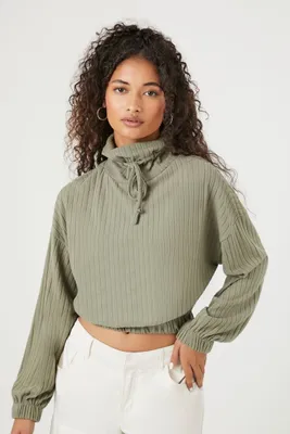 Women's Drawstring Turtleneck Crop Top in Olive Large