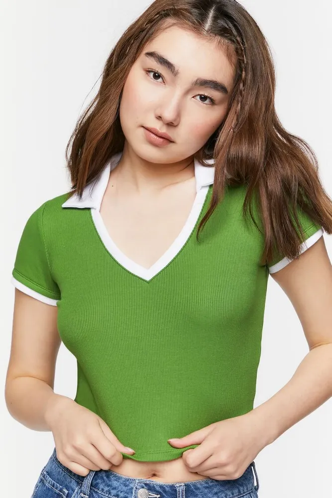 Women's V-Neck Cropped Polo Shirt in Avocado/White Small