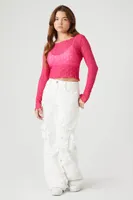 Women's Sheer Wavy Crop Top in Pink/Light Pink Medium