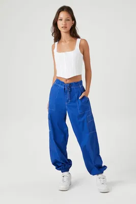 Women's Drawstring Poplin Cargo Joggers in Blue Large