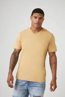 Men Cotton V-Neck T-Shirt in Camel, XS