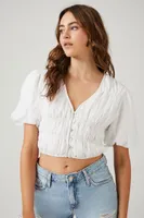 Women's Shirred Puff-Sleeve Crop Top in White Large