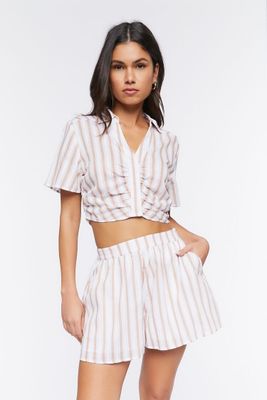 Women's Striped Cotton Shorts in White/Safari Large