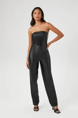 Women's Faux Leather Strapless Jumpsuit in Black Small