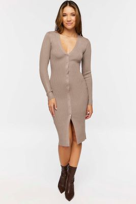 Women's Button-Front Sweater Midi Dress in Taupe Large