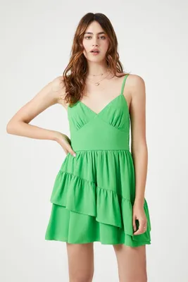 Women's Asymmetrical Tiered Mini Dress in Green Large