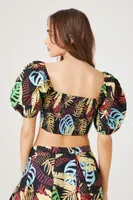 Women's Tropical Print Puff-Sleeve Crop Top in Black Medium