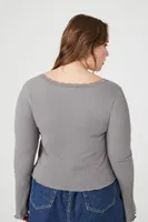 Women's Lettuce-Edge Bell-Sleeve Top in Dark Grey, 1X