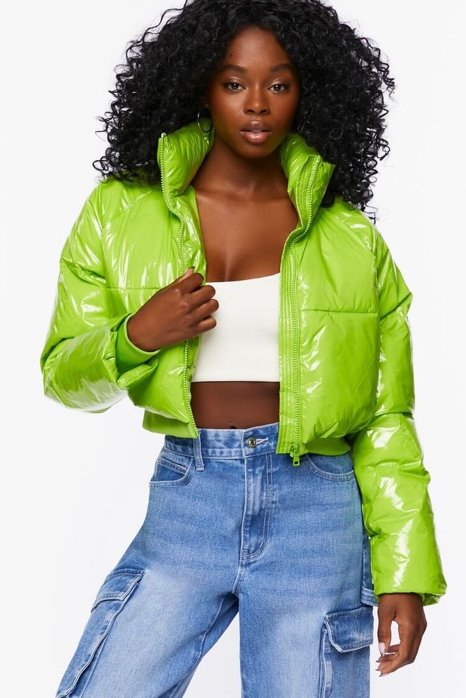 Women Faux Patent Leather Puffer Jacket 