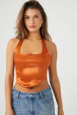 Women's Satin Halter Crop Top in Tan Large