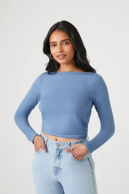 Women's Cropped Tie-Back Sweater in Dusty Blue Large