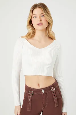 Women's Cropped Rib-Knit Sweater in White Large