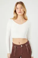 Women's Cropped Rib-Knit Sweater in White Large