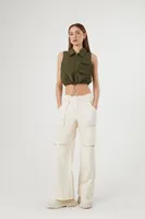 Women's Drawstring Half-Zip Crop Top in Dark Olive Medium