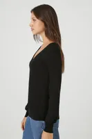 Women's Ribbed Knit V-Neck Sweater in Black Small