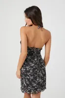 Women's Chiffon Floral Halter Mini Dress in Black Medium