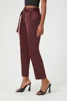 Women's Satin Belted Straight-Leg Pants in Wine Medium