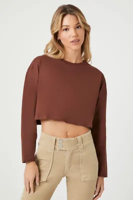 Women's Boxy Long-Sleeve Crop Top in Chocolate Medium