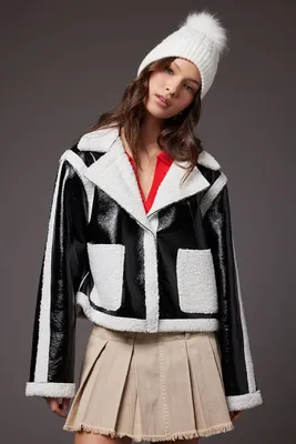 Women's Faux Shearling-Trim Button-Front Jacket in Black/White Medium